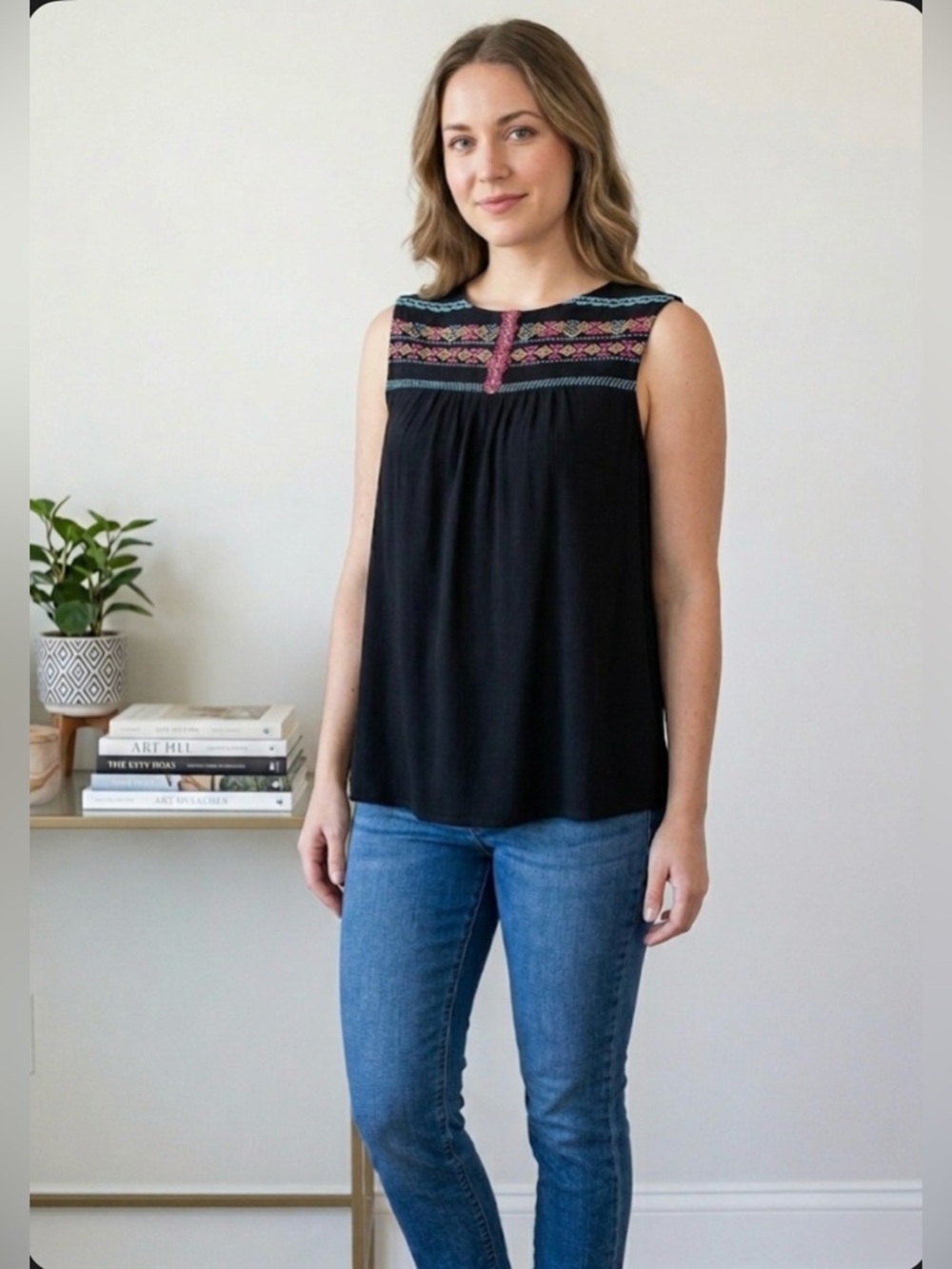 Adrianna Papell Embroidered Sleeveless Blouse XL